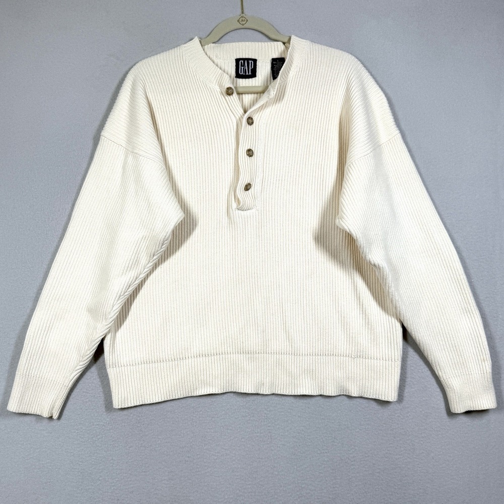 Vintage Gap Sweater Mens Large Chunky Ribbed Knit Henley Fisherman Cream 90s